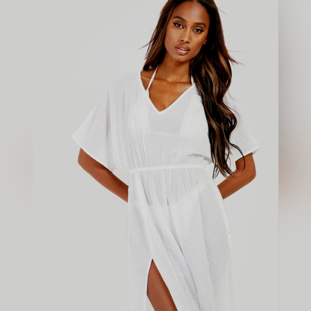 Boohoo Linen Look Tie Waist Beach Coverup Kaftan